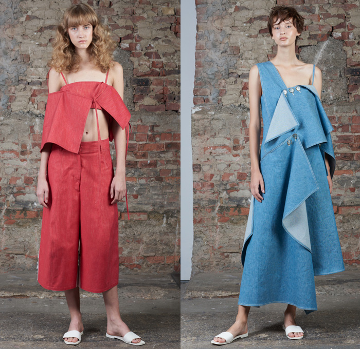 Claudia Li 2017 Spring Summer Womens Lookbook Presentation - New York Fashion Week - After Dusk Before Dawn Oversized Deconstructed Asymmetrical Hem Denim Jeans Noodle Strap Pinafore Dress Buttons Contrast Stitching Outerwear Trench Coat Crop Top Midriff Blouse Wide Leg Trousers Palazzo Pants Culottes Shorts Embroidery Embellishments Butterfly Wings Petals Hanging Sleeve Wide Sleeves Peel Away Cutout Shoulders Sleepwear Pajamas Lounge Slouchy Frayed Raw Hem Silk