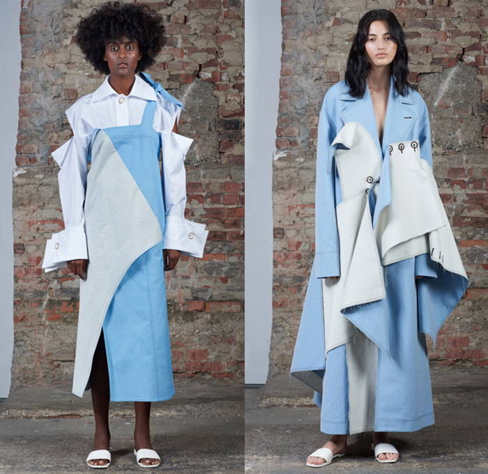 Claudia Li 2017 Spring Summer Womens Lookbook Presentation - New York Fashion Week - After Dusk Before Dawn Oversized Deconstructed Asymmetrical Hem Denim Jeans Noodle Strap Pinafore Dress Buttons Contrast Stitching Outerwear Trench Coat Crop Top Midriff Blouse Wide Leg Trousers Palazzo Pants Culottes Shorts Embroidery Embellishments Butterfly Wings Petals Hanging Sleeve Wide Sleeves Peel Away Cutout Shoulders Sleepwear Pajamas Lounge Slouchy Frayed Raw Hem Silk