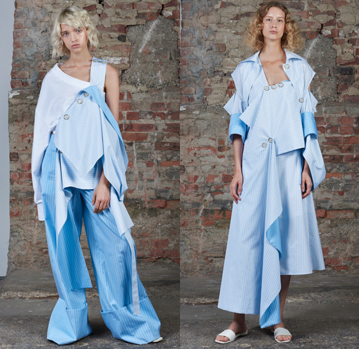 Claudia Li 2017 Spring Summer Womens Lookbook Presentation - New York Fashion Week - After Dusk Before Dawn Oversized Deconstructed Asymmetrical Hem Denim Jeans Noodle Strap Pinafore Dress Buttons Contrast Stitching Outerwear Trench Coat Crop Top Midriff Blouse Wide Leg Trousers Palazzo Pants Culottes Shorts Embroidery Embellishments Butterfly Wings Petals Hanging Sleeve Wide Sleeves Peel Away Cutout Shoulders Sleepwear Pajamas Lounge Slouchy Frayed Raw Hem Silk