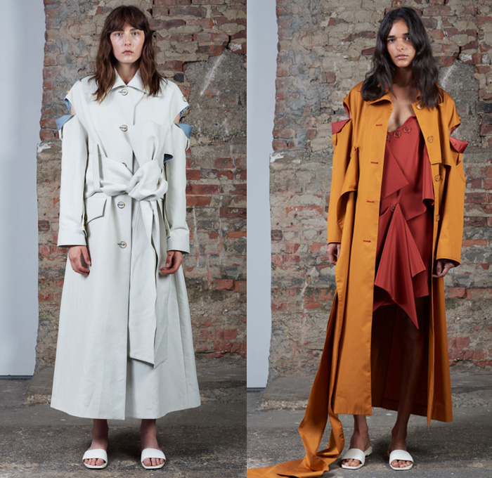 Claudia Li 2017 Spring Summer Womens Lookbook Presentation - New York Fashion Week - After Dusk Before Dawn Oversized Deconstructed Asymmetrical Hem Denim Jeans Noodle Strap Pinafore Dress Buttons Contrast Stitching Outerwear Trench Coat Crop Top Midriff Blouse Wide Leg Trousers Palazzo Pants Culottes Shorts Embroidery Embellishments Butterfly Wings Petals Hanging Sleeve Wide Sleeves Peel Away Cutout Shoulders Sleepwear Pajamas Lounge Slouchy Frayed Raw Hem Silk