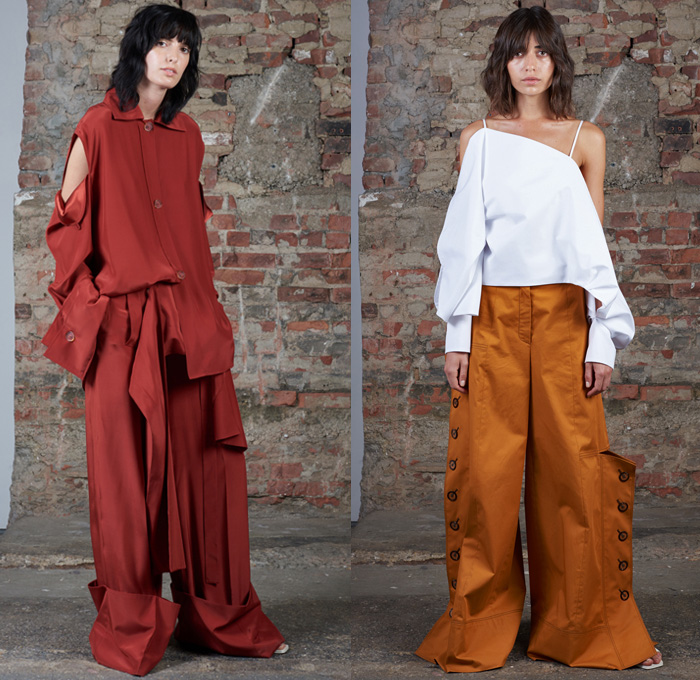 Claudia Li 2017 Spring Summer Womens Lookbook Presentation - New York Fashion Week - After Dusk Before Dawn Oversized Deconstructed Asymmetrical Hem Denim Jeans Noodle Strap Pinafore Dress Buttons Contrast Stitching Outerwear Trench Coat Crop Top Midriff Blouse Wide Leg Trousers Palazzo Pants Culottes Shorts Embroidery Embellishments Butterfly Wings Petals Hanging Sleeve Wide Sleeves Peel Away Cutout Shoulders Sleepwear Pajamas Lounge Slouchy Frayed Raw Hem Silk