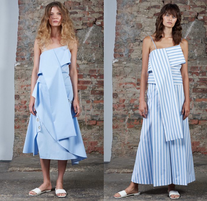 Claudia Li 2017 Spring Summer Womens Lookbook Presentation - New York Fashion Week - After Dusk Before Dawn Oversized Deconstructed Asymmetrical Hem Denim Jeans Noodle Strap Pinafore Dress Buttons Contrast Stitching Outerwear Trench Coat Crop Top Midriff Blouse Wide Leg Trousers Palazzo Pants Culottes Shorts Embroidery Embellishments Butterfly Wings Petals Hanging Sleeve Wide Sleeves Peel Away Cutout Shoulders Sleepwear Pajamas Lounge Slouchy Frayed Raw Hem Silk