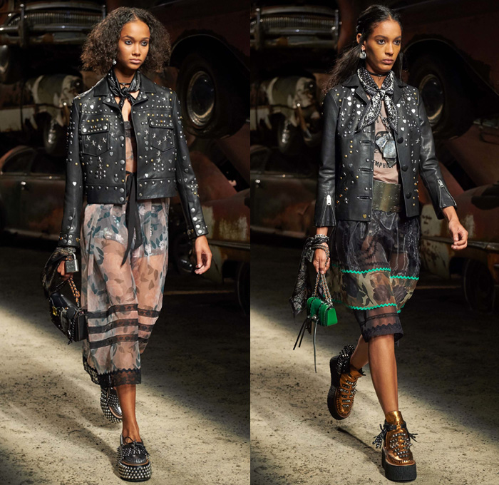 Coach 1941 2017 Spring Summer Womens Runway Catwalk Looks - New York Fashion Week - 1950s Fifties Rebel Prairie Americana Elvis Presley Junkyard Cars Punk Grunge Homespun Southern Rose Flowers Floral Raw Denim Jeans Oversized Outerwear Furry Coat Bomber Jacket Motorcycle Biker Leather Vest Waistcoat Gilet Bolero Embroidery Embellishments Adorned Bedazzled Hardware Metallic Studs Hearts Fringes Patches Big Buckle Sheer Chiffon Lace Dress Pussycat Bow Ribbon Cargo Pockets Knitwear Sweater Mix Match Mash Up Choker Suede Chain Handbag Padlock Creepers 