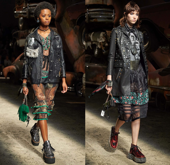 Coach 1941 2017 Spring Summer Womens Runway Catwalk Looks - New York Fashion Week - 1950s Fifties Rebel Prairie Americana Elvis Presley Junkyard Cars Punk Grunge Homespun Southern Rose Flowers Floral Raw Denim Jeans Oversized Outerwear Furry Coat Bomber Jacket Motorcycle Biker Leather Vest Waistcoat Gilet Bolero Embroidery Embellishments Adorned Bedazzled Hardware Metallic Studs Hearts Fringes Patches Big Buckle Sheer Chiffon Lace Dress Pussycat Bow Ribbon Cargo Pockets Knitwear Sweater Mix Match Mash Up Choker Suede Chain Handbag Padlock Creepers 