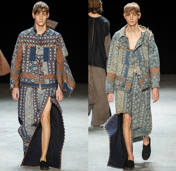 Craig Green 2017 Spring Summer Mens Runway Catwalk Looks - London Collections: Men British Fashion Council UK United Kingdom - Moorish Hand-Blocked Print Pattern Motif Outerwear Trench Coat Jacket Anorak Lace Up Stitch Manskirt Androgyny Slip-ons Quilted Waffle Puffer Ornamental Ethnic Patchwork Peel Away Grommet Straps Hoodie Drawstring Belt Slouchy Loose Baggy Cutout Opening Pinstripe Stripes Handkerchief Layers