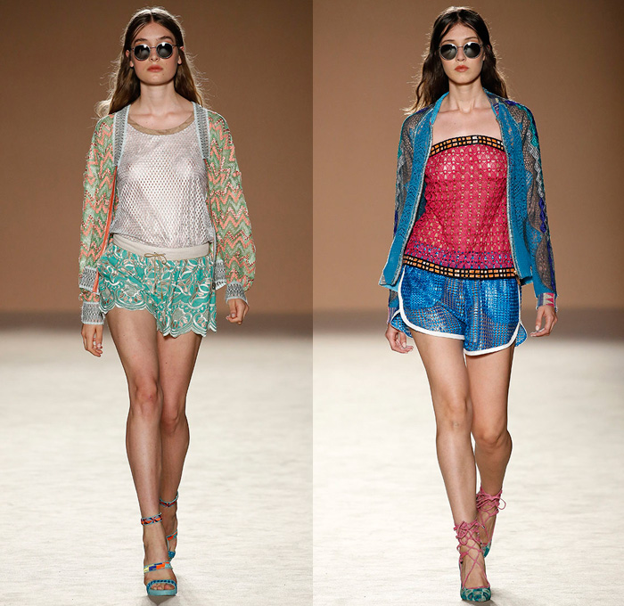 Custo Barcelona 2017 Spring Summer Womens Runway Catwalk Looks - 080 Barcelona Fashion Catalonia Catalan Spain - Embroidery Embellishments Bedazzled Sequins Lace Mesh Shorts Dolphin Hem Cardigan Drawstring Strapless Halterneck Blouse Sheer Chiffon Tulle Swimwear Bikini Ruffles Tropical Flowers Floral Owl Parrot Silk Satin Sweater Jumper Brick Wall Fringes Paisley Maxi Dress Goddess Georgette Gown High Slit Jogger Sweatpants Crop Top Midriff