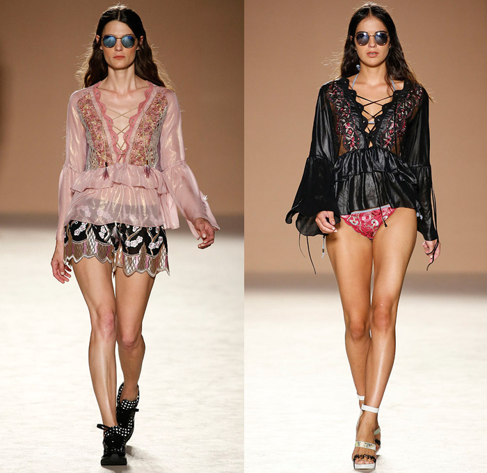 Custo Barcelona 2017 Spring Summer Womens Runway Catwalk Looks - 080 Barcelona Fashion Catalonia Catalan Spain - Embroidery Embellishments Bedazzled Sequins Lace Mesh Shorts Dolphin Hem Cardigan Drawstring Strapless Halterneck Blouse Sheer Chiffon Tulle Swimwear Bikini Ruffles Tropical Flowers Floral Owl Parrot Silk Satin Sweater Jumper Brick Wall Fringes Paisley Maxi Dress Goddess Georgette Gown High Slit Jogger Sweatpants Crop Top Midriff