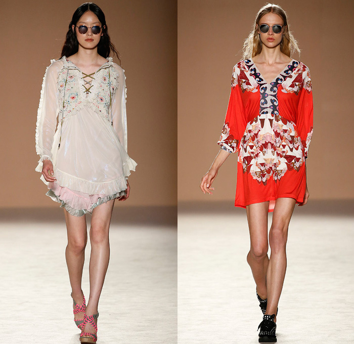 Custo Barcelona 2017 Spring Summer Womens Runway Catwalk Looks - 080 Barcelona Fashion Catalonia Catalan Spain - Embroidery Embellishments Bedazzled Sequins Lace Mesh Shorts Dolphin Hem Cardigan Drawstring Strapless Halterneck Blouse Sheer Chiffon Tulle Swimwear Bikini Ruffles Tropical Flowers Floral Owl Parrot Silk Satin Sweater Jumper Brick Wall Fringes Paisley Maxi Dress Goddess Georgette Gown High Slit Jogger Sweatpants Crop Top Midriff