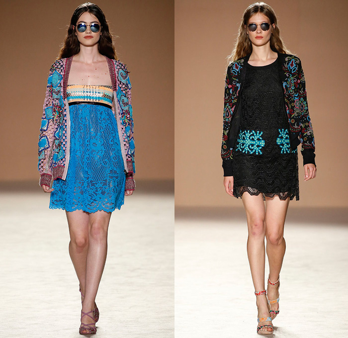 Custo Barcelona 2017 Spring Summer Womens Runway Catwalk Looks - 080 Barcelona Fashion Catalonia Catalan Spain - Embroidery Embellishments Bedazzled Sequins Lace Mesh Shorts Dolphin Hem Cardigan Drawstring Strapless Halterneck Blouse Sheer Chiffon Tulle Swimwear Bikini Ruffles Tropical Flowers Floral Owl Parrot Silk Satin Sweater Jumper Brick Wall Fringes Paisley Maxi Dress Goddess Georgette Gown High Slit Jogger Sweatpants Crop Top Midriff