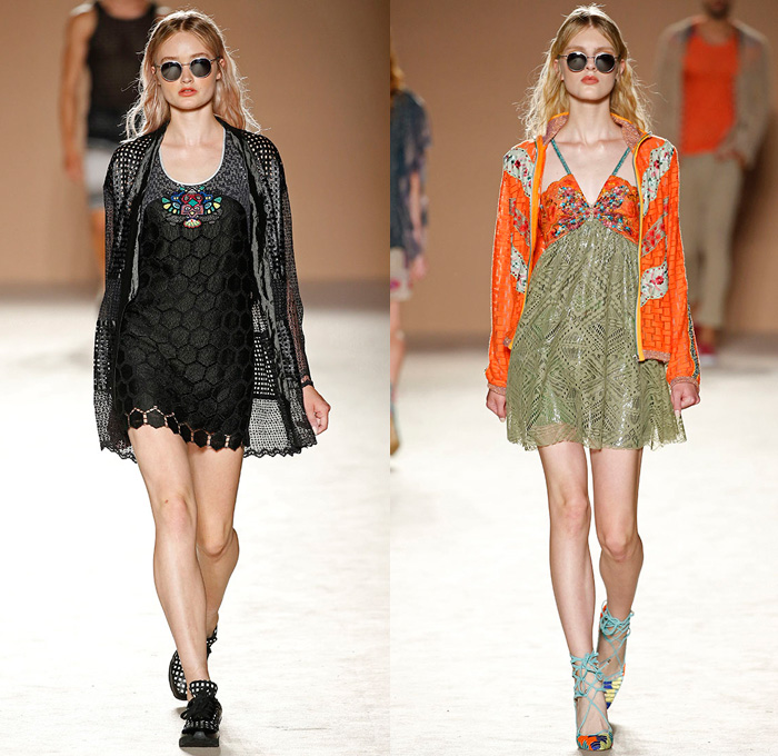 Custo Barcelona 2017 Spring Summer Womens Runway Catwalk Looks - 080 Barcelona Fashion Catalonia Catalan Spain - Embroidery Embellishments Bedazzled Sequins Lace Mesh Shorts Dolphin Hem Cardigan Drawstring Strapless Halterneck Blouse Sheer Chiffon Tulle Swimwear Bikini Ruffles Tropical Flowers Floral Owl Parrot Silk Satin Sweater Jumper Brick Wall Fringes Paisley Maxi Dress Goddess Georgette Gown High Slit Jogger Sweatpants Crop Top Midriff