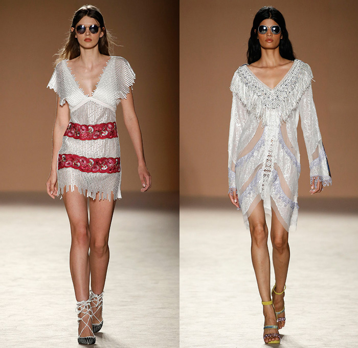 Custo Barcelona 2017 Spring Summer Womens Runway Catwalk Looks - 080 Barcelona Fashion Catalonia Catalan Spain - Embroidery Embellishments Bedazzled Sequins Lace Mesh Shorts Dolphin Hem Cardigan Drawstring Strapless Halterneck Blouse Sheer Chiffon Tulle Swimwear Bikini Ruffles Tropical Flowers Floral Owl Parrot Silk Satin Sweater Jumper Brick Wall Fringes Paisley Maxi Dress Goddess Georgette Gown High Slit Jogger Sweatpants Crop Top Midriff