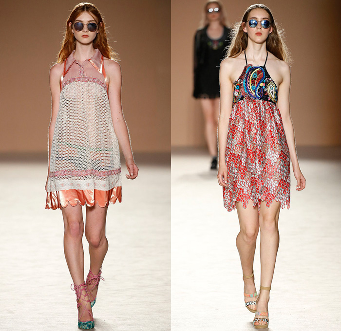 Custo Barcelona 2017 Spring Summer Womens Runway Catwalk Looks - 080 Barcelona Fashion Catalonia Catalan Spain - Embroidery Embellishments Bedazzled Sequins Lace Mesh Shorts Dolphin Hem Cardigan Drawstring Strapless Halterneck Blouse Sheer Chiffon Tulle Swimwear Bikini Ruffles Tropical Flowers Floral Owl Parrot Silk Satin Sweater Jumper Brick Wall Fringes Paisley Maxi Dress Goddess Georgette Gown High Slit Jogger Sweatpants Crop Top Midriff