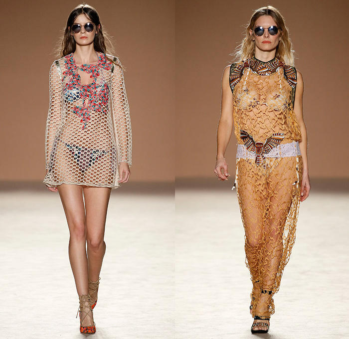 Custo Barcelona 2017 Spring Summer Womens Runway Catwalk Looks - 080 Barcelona Fashion Catalonia Catalan Spain - Embroidery Embellishments Bedazzled Sequins Lace Mesh Shorts Dolphin Hem Cardigan Drawstring Strapless Halterneck Blouse Sheer Chiffon Tulle Swimwear Bikini Ruffles Tropical Flowers Floral Owl Parrot Silk Satin Sweater Jumper Brick Wall Fringes Paisley Maxi Dress Goddess Georgette Gown High Slit Jogger Sweatpants Crop Top Midriff