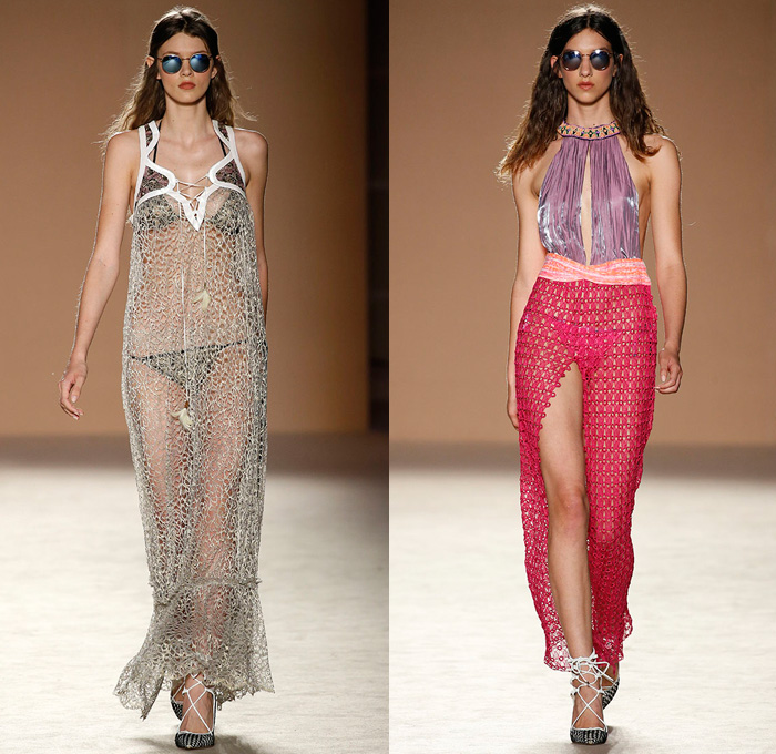 Custo Barcelona 2017 Spring Summer Womens Runway Catwalk Looks - 080 Barcelona Fashion Catalonia Catalan Spain - Embroidery Embellishments Bedazzled Sequins Lace Mesh Shorts Dolphin Hem Cardigan Drawstring Strapless Halterneck Blouse Sheer Chiffon Tulle Swimwear Bikini Ruffles Tropical Flowers Floral Owl Parrot Silk Satin Sweater Jumper Brick Wall Fringes Paisley Maxi Dress Goddess Georgette Gown High Slit Jogger Sweatpants Crop Top Midriff