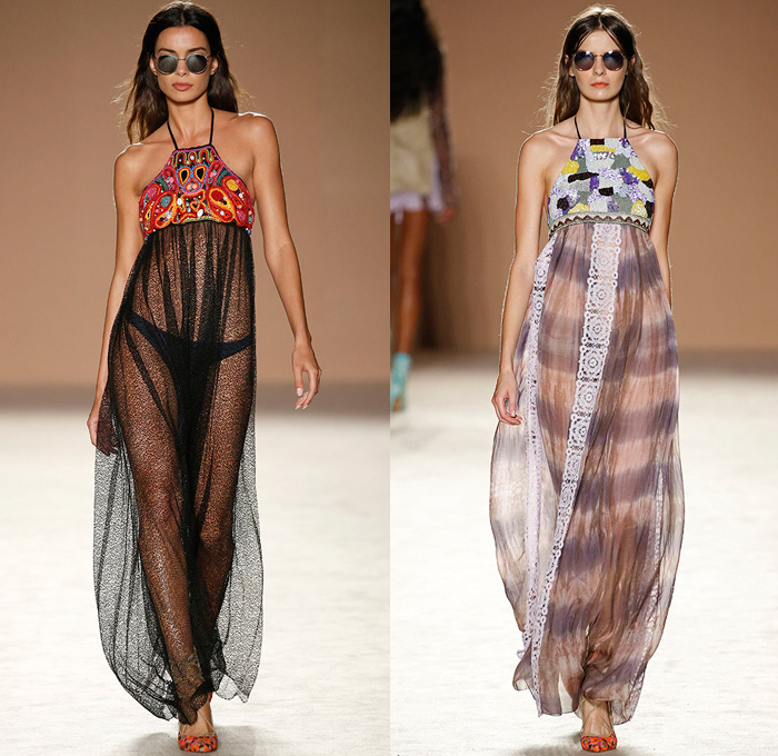 Custo Barcelona 2017 Spring Summer Womens Runway Catwalk Looks - 080 Barcelona Fashion Catalonia Catalan Spain - Embroidery Embellishments Bedazzled Sequins Lace Mesh Shorts Dolphin Hem Cardigan Drawstring Strapless Halterneck Blouse Sheer Chiffon Tulle Swimwear Bikini Ruffles Tropical Flowers Floral Owl Parrot Silk Satin Sweater Jumper Brick Wall Fringes Paisley Maxi Dress Goddess Georgette Gown High Slit Jogger Sweatpants Crop Top Midriff