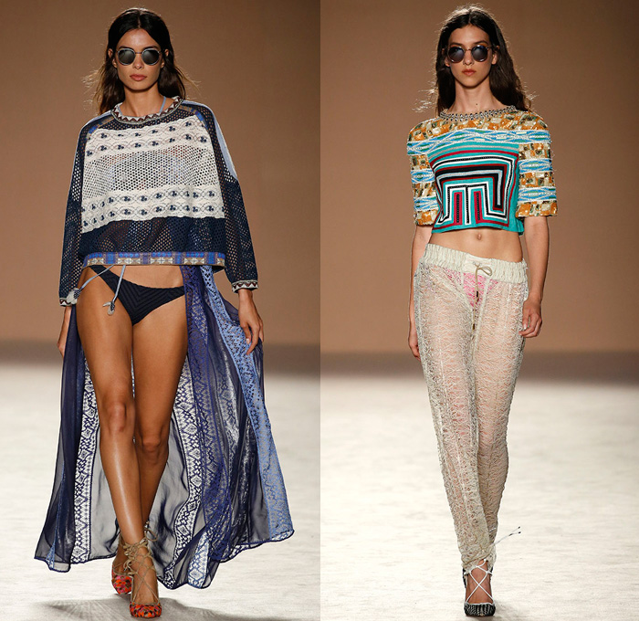 Custo Barcelona 2017 Spring Summer Womens Runway Catwalk Looks - 080 Barcelona Fashion Catalonia Catalan Spain - Embroidery Embellishments Bedazzled Sequins Lace Mesh Shorts Dolphin Hem Cardigan Drawstring Strapless Halterneck Blouse Sheer Chiffon Tulle Swimwear Bikini Ruffles Tropical Flowers Floral Owl Parrot Silk Satin Sweater Jumper Brick Wall Fringes Paisley Maxi Dress Goddess Georgette Gown High Slit Jogger Sweatpants Crop Top Midriff