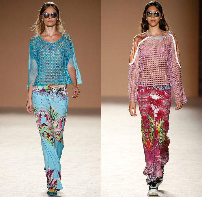 Custo Barcelona 2017 Spring Summer Womens Runway Catwalk Looks - 080 Barcelona Fashion Catalonia Catalan Spain - Embroidery Embellishments Bedazzled Sequins Lace Mesh Shorts Dolphin Hem Cardigan Drawstring Strapless Halterneck Blouse Sheer Chiffon Tulle Swimwear Bikini Ruffles Tropical Flowers Floral Owl Parrot Silk Satin Sweater Jumper Brick Wall Fringes Paisley Maxi Dress Goddess Georgette Gown High Slit Jogger Sweatpants Crop Top Midriff