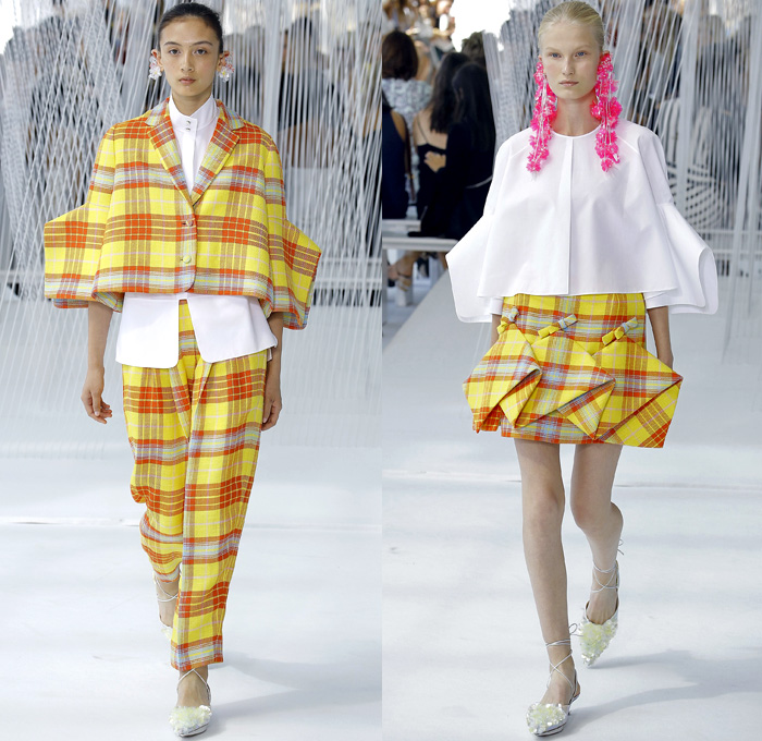 DELPOZO 2017 Spring Summer Womens Runway Catwalk Looks - New York Fashion Week - Luminosity Fairy Tale Fantasy Organic Shape Plaid Tartan Wide Leg Trousers Palazzo Pants Culottes Outerwear Trench Coat Blouse Winged Bulb Sleeves Bell Handkerchief Hem Bow Ribbon Knot Folds Orchid Earrings Embossed Peplum Fringes Ruffles Petals Blossoming Flower Floral Knit Brocade Cloqué Tiered Silk Sheer Chiffon Tulle Bedazzled Jewels Dress Gown Eveningwear Mesh Stripes Crop Top Midriff Shawl Miniskirt Fan Front Poodle Circle Skirt Handbag Metallic