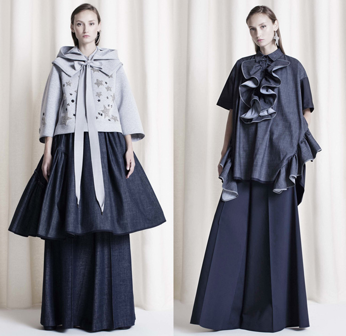 Dice Kayek 2017 Spring Summer Womens Lookbook Presentation - Mode à Paris Fashion Week Mode Féminin France - Japanese Denim Jeans Chambray Bell Oversized Skirt Tiered Stars Embroidery Bedazzled Sequins Pussycat Bow Ribbon Ruffles Blouse Accordion Pleats Plissé Peplum Wide Leg Trousers Palazzo Pants Bishop Sleeves Abstract Dovetail Mullet Hem High-Low Botanical Brooch Umbrellas Sheer Chiffon Dress Gown Eveningwear Neoprene Pantsuit
