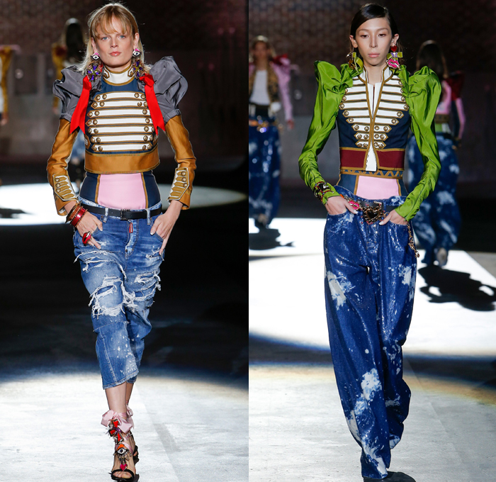 Dsquared2 2017 Spring Summer Womens Runway Catwalk Looks - Milano Moda Donna Collezione Milan Fashion Week Italy - D2ynasty Destroyed Baggy Wide Leg Tapered Acid Wash Denim Jeans Marching Band Jacket Crest Emblem Leg O'Mutton Sleeves Balloon Shoulders Embroidery Adornments Bedazzled Sequins Plaid Check Shirt Silk Satin Leopard Ornaments Vest Waistcoat Pussycat Bow Ribbon Buttons Tuxedo Stripe Ruffles Miniskirt Sheer Chiffon Bomber Jacket Unitard Leotard Lace Up Gladiator Heels Handbag Bracelet Necklace Pop Art Chain Accessories