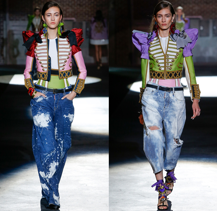Dsquared2 2017 Spring Summer Womens Runway Catwalk Looks - Milano Moda Donna Collezione Milan Fashion Week Italy - D2ynasty Destroyed Baggy Wide Leg Tapered Acid Wash Denim Jeans Marching Band Jacket Crest Emblem Leg O'Mutton Sleeves Balloon Shoulders Embroidery Adornments Bedazzled Sequins Plaid Check Shirt Silk Satin Leopard Ornaments Vest Waistcoat Pussycat Bow Ribbon Buttons Tuxedo Stripe Ruffles Miniskirt Sheer Chiffon Bomber Jacket Unitard Leotard Lace Up Gladiator Heels Handbag Bracelet Necklace Pop Art Chain Accessories