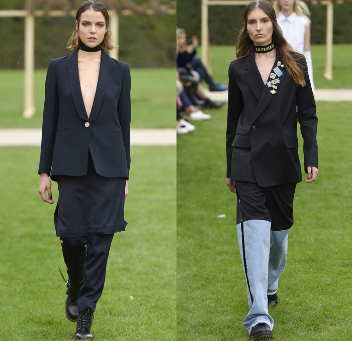 Each x Other 2017 Spring Summer Womens Runway Catwalk Looks - Mode à Paris Fashion Week Mode Féminin France - Musée Des Arts Decoratifs Pinstripe Chunky Knit Mesh Perforated Sweater Vest Waistcoat Blouse Blazer Jacket Pantsuit Trench Coat Fringes Suede Lace Up Crop Top Midriff Asymmetrical Hem Arm Warmers Shirtdress Wrap Cargo Pockets One Shoulder Cutout Camouflage Pinafore Dress Romper Onesie Denim Jeans Panel Frayed Raw Hem Wide Leg Pins Boots Choker Hotpants Hat Beret