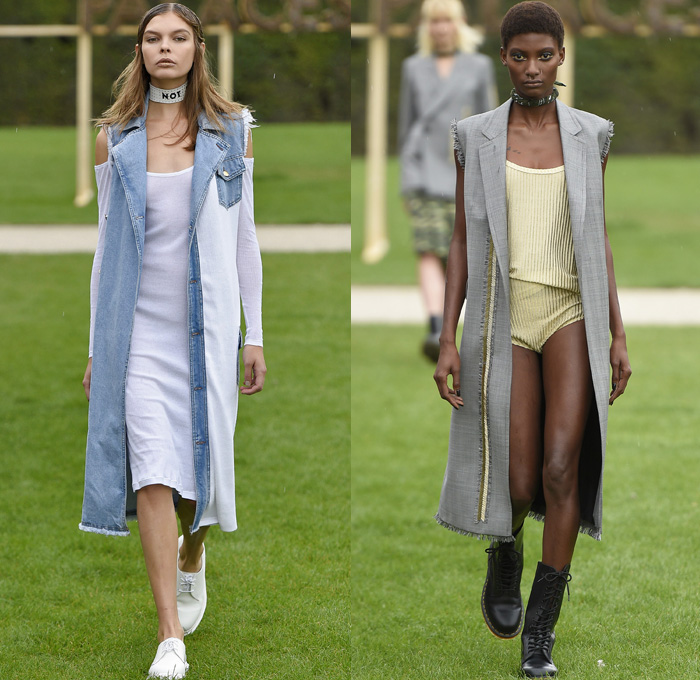 Each x Other 2017 Spring Summer Womens Runway Catwalk Looks - Mode à Paris Fashion Week Mode Féminin France - Musée Des Arts Decoratifs Pinstripe Chunky Knit Mesh Perforated Sweater Vest Waistcoat Blouse Blazer Jacket Pantsuit Trench Coat Fringes Suede Lace Up Crop Top Midriff Asymmetrical Hem Arm Warmers Shirtdress Wrap Cargo Pockets One Shoulder Cutout Camouflage Pinafore Dress Romper Onesie Denim Jeans Panel Frayed Raw Hem Wide Leg Pins Boots Choker Hotpants Hat Beret