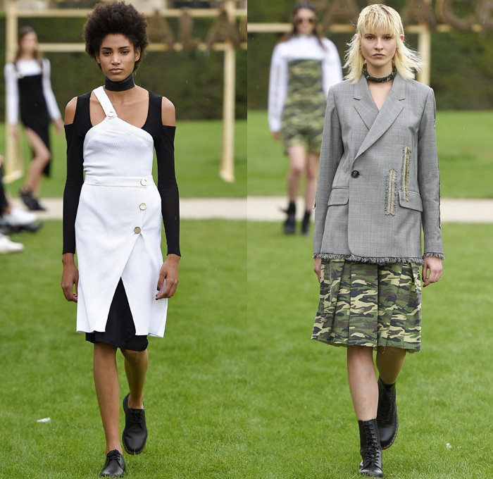 Each x Other 2017 Spring Summer Womens Runway Catwalk Looks - Mode à Paris Fashion Week Mode Féminin France - Musée Des Arts Decoratifs Pinstripe Chunky Knit Mesh Perforated Sweater Vest Waistcoat Blouse Blazer Jacket Pantsuit Trench Coat Fringes Suede Lace Up Crop Top Midriff Asymmetrical Hem Arm Warmers Shirtdress Wrap Cargo Pockets One Shoulder Cutout Camouflage Pinafore Dress Romper Onesie Denim Jeans Panel Frayed Raw Hem Wide Leg Pins Boots Choker Hotpants Hat Beret