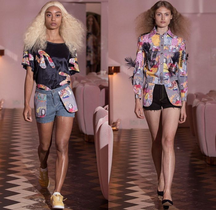 Elle B Zhou 2017 Spring Summer Womens Runway Catwalk Looks - London Fashion Week - London Collections Women British Fashion Council UK United Kingdom - Artwork Print Illustration Portraits Patches Raw Denim Jeans Blouse Shirt Feathers Embroidery Feathers Adorned Outerwear Jacket Topstitch Embossed Furry Sleeves Plush Lace Sheer Tulle Dress Fringes Silk Satin Skirt Frock Jorts Cutoffs Shorts Frayed Raw Hem