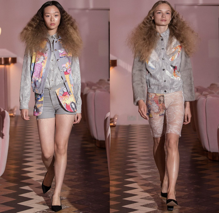 Elle B Zhou 2017 Spring Summer Womens Runway Catwalk Looks - London Fashion Week - London Collections Women British Fashion Council UK United Kingdom - Artwork Print Illustration Portraits Patches Raw Denim Jeans Blouse Shirt Feathers Embroidery Feathers Adorned Outerwear Jacket Topstitch Embossed Furry Sleeves Plush Lace Sheer Tulle Dress Fringes Silk Satin Skirt Frock Jorts Cutoffs Shorts Frayed Raw Hem