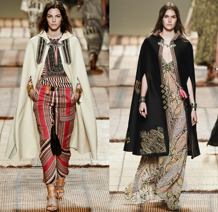 Etro 2017 Spring Summer Womens Runway Catwalk Looks - Milano Moda Donna Collezione Milan Fashion Week Italy - Art Deco Bohemian Boho Chic Silk Jacquard Outerwear Coat Robe Poncho Cloak Cape Parka Hanging Sleeve Stripes Ornamental Print Decorative Art Paisley Knee Pads Maxi Dress Goddess Gown Drawstring Tassels Flowers Floral Satin Crop Top Midriff Fringes Knitwear Rope Wrap Shorts Embroidery Adorned Bedazzled Beads Shirtdress Jacket Pleats Halterneck Bangles Bracelet Necklace Pendant Poche Handbag Braid Belt Illustration Train Bike Bucket Hat Boots