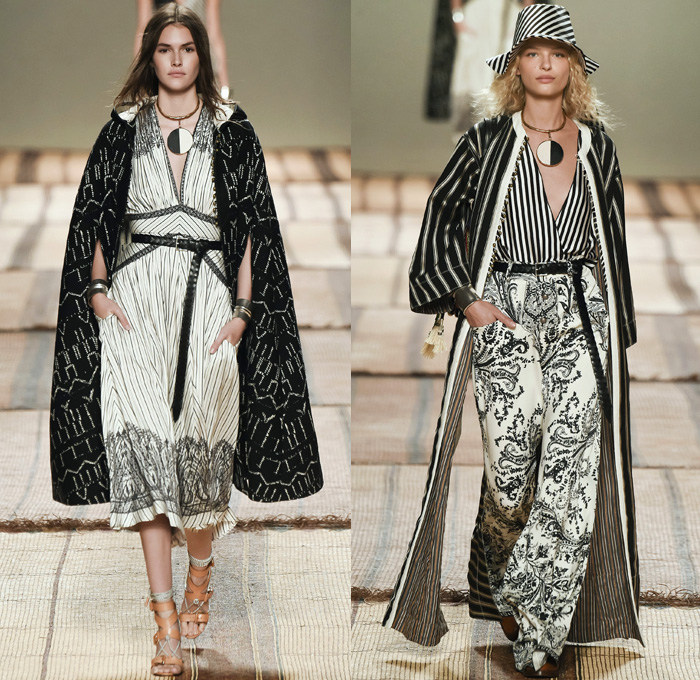 Etro 2017 Spring Summer Womens Runway Catwalk Looks - Milano Moda Donna Collezione Milan Fashion Week Italy - Art Deco Bohemian Boho Chic Silk Jacquard Outerwear Coat Robe Poncho Cloak Cape Parka Hanging Sleeve Stripes Ornamental Print Decorative Art Paisley Knee Pads Maxi Dress Goddess Gown Drawstring Tassels Flowers Floral Satin Crop Top Midriff Fringes Knitwear Rope Wrap Shorts Embroidery Adorned Bedazzled Beads Shirtdress Jacket Pleats Halterneck Bangles Bracelet Necklace Pendant Poche Handbag Braid Belt Illustration Train Bike Bucket Hat Boots