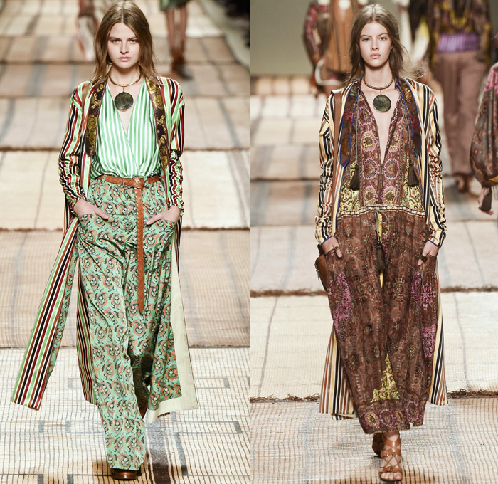 Etro 2017 Spring Summer Womens Runway Catwalk Looks - Milano Moda Donna Collezione Milan Fashion Week Italy - Art Deco Bohemian Boho Chic Silk Jacquard Outerwear Coat Robe Poncho Cloak Cape Parka Hanging Sleeve Stripes Ornamental Print Decorative Art Paisley Knee Pads Maxi Dress Goddess Gown Drawstring Tassels Flowers Floral Satin Crop Top Midriff Fringes Knitwear Rope Wrap Shorts Embroidery Adorned Bedazzled Beads Shirtdress Jacket Pleats Halterneck Bangles Bracelet Necklace Pendant Poche Handbag Braid Belt Illustration Train Bike Bucket Hat Boots