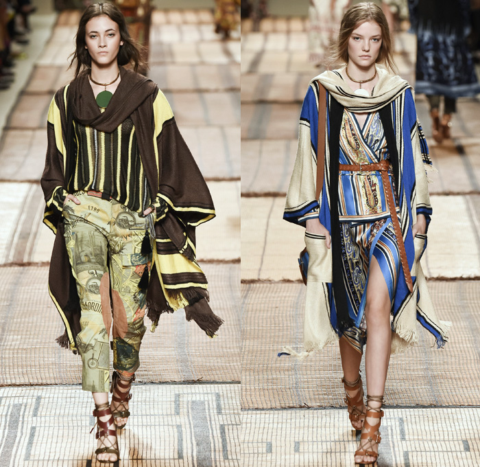 Etro 2017 Spring Summer Womens Runway Catwalk Looks - Milano Moda Donna Collezione Milan Fashion Week Italy - Art Deco Bohemian Boho Chic Silk Jacquard Outerwear Coat Robe Poncho Cloak Cape Parka Hanging Sleeve Stripes Ornamental Print Decorative Art Paisley Knee Pads Maxi Dress Goddess Gown Drawstring Tassels Flowers Floral Satin Crop Top Midriff Fringes Knitwear Rope Wrap Shorts Embroidery Adorned Bedazzled Beads Shirtdress Jacket Pleats Halterneck Bangles Bracelet Necklace Pendant Poche Handbag Braid Belt Illustration Train Bike Bucket Hat Boots