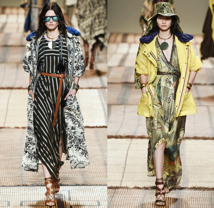 Etro 2017 Spring Summer Womens Runway Catwalk Looks - Milano Moda Donna Collezione Milan Fashion Week Italy - Art Deco Bohemian Boho Chic Silk Jacquard Outerwear Coat Robe Poncho Cloak Cape Parka Hanging Sleeve Stripes Ornamental Print Decorative Art Paisley Knee Pads Maxi Dress Goddess Gown Drawstring Tassels Flowers Floral Satin Crop Top Midriff Fringes Knitwear Rope Wrap Shorts Embroidery Adorned Bedazzled Beads Shirtdress Jacket Pleats Halterneck Bangles Bracelet Necklace Pendant Poche Handbag Braid Belt Illustration Train Bike Bucket Hat Boots