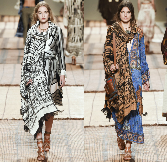 Etro 2017 Spring Summer Womens Runway Catwalk Looks - Milano Moda Donna Collezione Milan Fashion Week Italy - Art Deco Bohemian Boho Chic Silk Jacquard Outerwear Coat Robe Poncho Cloak Cape Parka Hanging Sleeve Stripes Ornamental Print Decorative Art Paisley Knee Pads Maxi Dress Goddess Gown Drawstring Tassels Flowers Floral Satin Crop Top Midriff Fringes Knitwear Rope Wrap Shorts Embroidery Adorned Bedazzled Beads Shirtdress Jacket Pleats Halterneck Bangles Bracelet Necklace Pendant Poche Handbag Braid Belt Illustration Train Bike Bucket Hat Boots