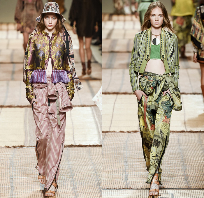 Etro 2017 Spring Summer Womens Runway Catwalk Looks - Milano Moda Donna Collezione Milan Fashion Week Italy - Art Deco Bohemian Boho Chic Silk Jacquard Outerwear Coat Robe Poncho Cloak Cape Parka Hanging Sleeve Stripes Ornamental Print Decorative Art Paisley Knee Pads Maxi Dress Goddess Gown Drawstring Tassels Flowers Floral Satin Crop Top Midriff Fringes Knitwear Rope Wrap Shorts Embroidery Adorned Bedazzled Beads Shirtdress Jacket Pleats Halterneck Bangles Bracelet Necklace Pendant Poche Handbag Braid Belt Illustration Train Bike Bucket Hat Boots