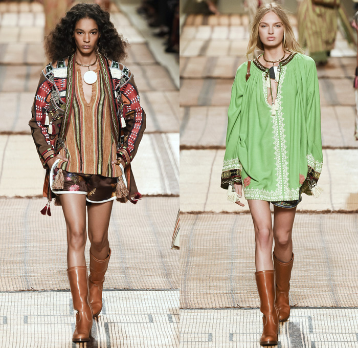 Etro 2017 Spring Summer Womens Runway Catwalk Looks - Milano Moda Donna Collezione Milan Fashion Week Italy - Art Deco Bohemian Boho Chic Silk Jacquard Outerwear Coat Robe Poncho Cloak Cape Parka Hanging Sleeve Stripes Ornamental Print Decorative Art Paisley Knee Pads Maxi Dress Goddess Gown Drawstring Tassels Flowers Floral Satin Crop Top Midriff Fringes Knitwear Rope Wrap Shorts Embroidery Adorned Bedazzled Beads Shirtdress Jacket Pleats Halterneck Bangles Bracelet Necklace Pendant Poche Handbag Braid Belt Illustration Train Bike Bucket Hat Boots