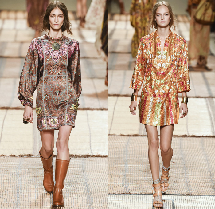 Etro 2017 Spring Summer Womens Runway Catwalk Looks - Milano Moda Donna Collezione Milan Fashion Week Italy - Art Deco Bohemian Boho Chic Silk Jacquard Outerwear Coat Robe Poncho Cloak Cape Parka Hanging Sleeve Stripes Ornamental Print Decorative Art Paisley Knee Pads Maxi Dress Goddess Gown Drawstring Tassels Flowers Floral Satin Crop Top Midriff Fringes Knitwear Rope Wrap Shorts Embroidery Adorned Bedazzled Beads Shirtdress Jacket Pleats Halterneck Bangles Bracelet Necklace Pendant Poche Handbag Braid Belt Illustration Train Bike Bucket Hat Boots