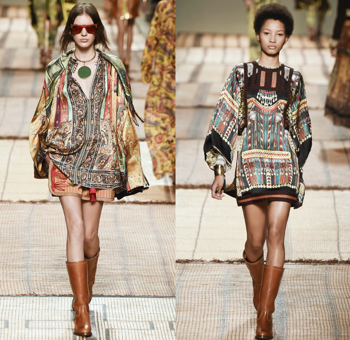 Etro 2017 Spring Summer Womens Runway Catwalk Looks - Milano Moda Donna Collezione Milan Fashion Week Italy - Art Deco Bohemian Boho Chic Silk Jacquard Outerwear Coat Robe Poncho Cloak Cape Parka Hanging Sleeve Stripes Ornamental Print Decorative Art Paisley Knee Pads Maxi Dress Goddess Gown Drawstring Tassels Flowers Floral Satin Crop Top Midriff Fringes Knitwear Rope Wrap Shorts Embroidery Adorned Bedazzled Beads Shirtdress Jacket Pleats Halterneck Bangles Bracelet Necklace Pendant Poche Handbag Braid Belt Illustration Train Bike Bucket Hat Boots