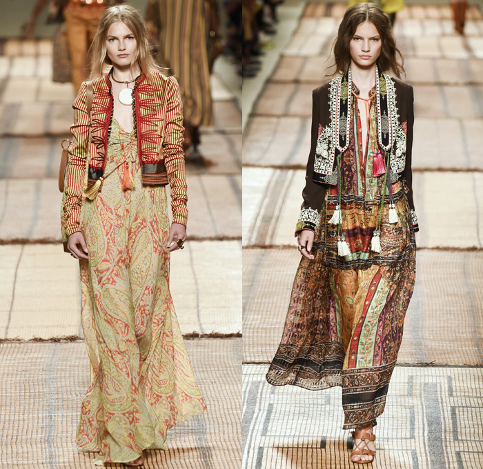 Etro 2017 Spring Summer Womens Runway Catwalk Looks - Milano Moda Donna Collezione Milan Fashion Week Italy - Art Deco Bohemian Boho Chic Silk Jacquard Outerwear Coat Robe Poncho Cloak Cape Parka Hanging Sleeve Stripes Ornamental Print Decorative Art Paisley Knee Pads Maxi Dress Goddess Gown Drawstring Tassels Flowers Floral Satin Crop Top Midriff Fringes Knitwear Rope Wrap Shorts Embroidery Adorned Bedazzled Beads Shirtdress Jacket Pleats Halterneck Bangles Bracelet Necklace Pendant Poche Handbag Braid Belt Illustration Train Bike Bucket Hat Boots