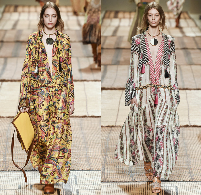 Etro 2017 Spring Summer Womens Runway Catwalk Looks - Milano Moda Donna Collezione Milan Fashion Week Italy - Art Deco Bohemian Boho Chic Silk Jacquard Outerwear Coat Robe Poncho Cloak Cape Parka Hanging Sleeve Stripes Ornamental Print Decorative Art Paisley Knee Pads Maxi Dress Goddess Gown Drawstring Tassels Flowers Floral Satin Crop Top Midriff Fringes Knitwear Rope Wrap Shorts Embroidery Adorned Bedazzled Beads Shirtdress Jacket Pleats Halterneck Bangles Bracelet Necklace Pendant Poche Handbag Braid Belt Illustration Train Bike Bucket Hat Boots