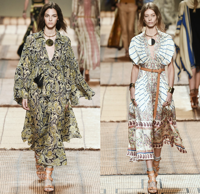 Etro 2017 Spring Summer Womens Runway Catwalk Looks - Milano Moda Donna Collezione Milan Fashion Week Italy - Art Deco Bohemian Boho Chic Silk Jacquard Outerwear Coat Robe Poncho Cloak Cape Parka Hanging Sleeve Stripes Ornamental Print Decorative Art Paisley Knee Pads Maxi Dress Goddess Gown Drawstring Tassels Flowers Floral Satin Crop Top Midriff Fringes Knitwear Rope Wrap Shorts Embroidery Adorned Bedazzled Beads Shirtdress Jacket Pleats Halterneck Bangles Bracelet Necklace Pendant Poche Handbag Braid Belt Illustration Train Bike Bucket Hat Boots