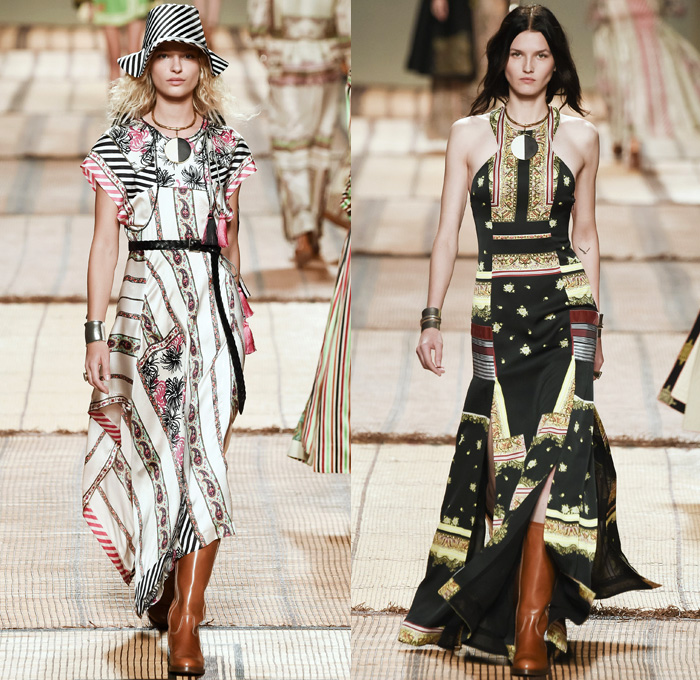 Etro 2017 Spring Summer Womens Runway Catwalk Looks - Milano Moda Donna Collezione Milan Fashion Week Italy - Art Deco Bohemian Boho Chic Silk Jacquard Outerwear Coat Robe Poncho Cloak Cape Parka Hanging Sleeve Stripes Ornamental Print Decorative Art Paisley Knee Pads Maxi Dress Goddess Gown Drawstring Tassels Flowers Floral Satin Crop Top Midriff Fringes Knitwear Rope Wrap Shorts Embroidery Adorned Bedazzled Beads Shirtdress Jacket Pleats Halterneck Bangles Bracelet Necklace Pendant Poche Handbag Braid Belt Illustration Train Bike Bucket Hat Boots