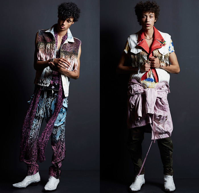 Faith Connexion 2017 Spring Summer Mens Lookbook Presentation - Mode à Paris Fashion Week Mode Masculine France - Destroyed Tattered Ripped Denim Jeans Rock n Roll Leopard Zebra Fringes Embroidery Bedazzled Metallic Studs Stars Zippered Pockets Frayed Raw Hem Vest Waistcoat Tapered Leather Tie Up Shirt Knitwear Sweater Union Jack Flag Now Future Cargo Pockets Camouflage Slouchy Plaid Acid Wash Cowboy Boots Androgyny