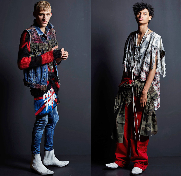 Faith Connexion 2017 Spring Summer Mens Lookbook Presentation - Mode à Paris Fashion Week Mode Masculine France - Destroyed Tattered Ripped Denim Jeans Rock n Roll Leopard Zebra Fringes Embroidery Bedazzled Metallic Studs Stars Zippered Pockets Frayed Raw Hem Vest Waistcoat Tapered Leather Tie Up Shirt Knitwear Sweater Union Jack Flag Now Future Cargo Pockets Camouflage Slouchy Plaid Acid Wash Cowboy Boots Androgyny