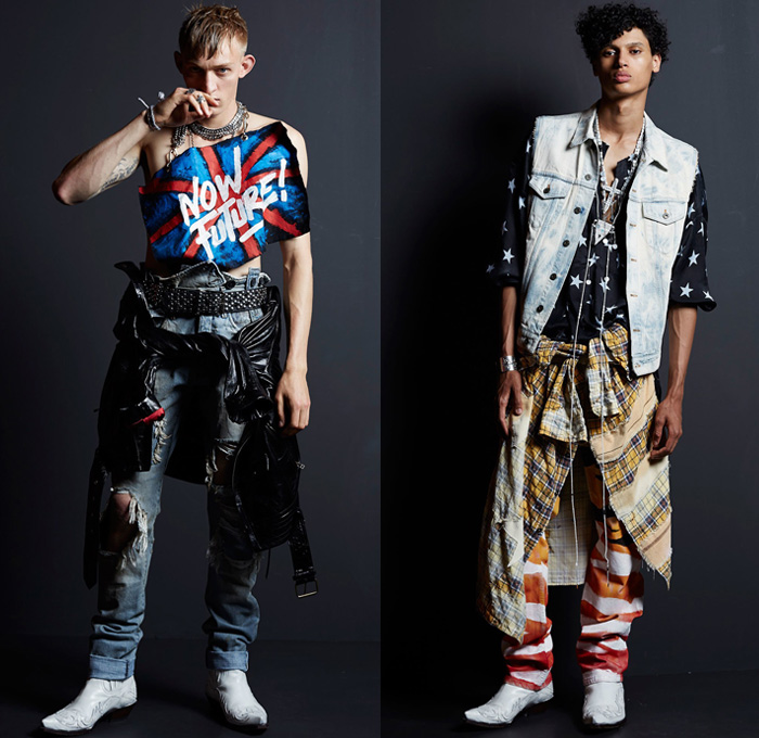 Faith Connexion 2017 Spring Summer Mens Lookbook Presentation - Mode à Paris Fashion Week Mode Masculine France - Destroyed Tattered Ripped Denim Jeans Rock n Roll Leopard Zebra Fringes Embroidery Bedazzled Metallic Studs Stars Zippered Pockets Frayed Raw Hem Vest Waistcoat Tapered Leather Tie Up Shirt Knitwear Sweater Union Jack Flag Now Future Cargo Pockets Camouflage Slouchy Plaid Acid Wash Cowboy Boots Androgyny