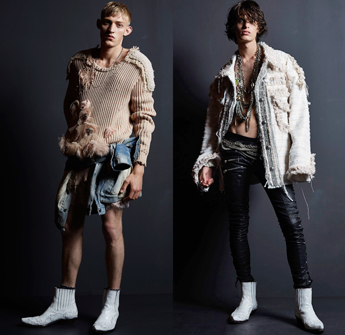 Faith Connexion 2017 Spring Summer Mens Lookbook Presentation - Mode à Paris Fashion Week Mode Masculine France - Destroyed Tattered Ripped Denim Jeans Rock n Roll Leopard Zebra Fringes Embroidery Bedazzled Metallic Studs Stars Zippered Pockets Frayed Raw Hem Vest Waistcoat Tapered Leather Tie Up Shirt Knitwear Sweater Union Jack Flag Now Future Cargo Pockets Camouflage Slouchy Plaid Acid Wash Cowboy Boots Androgyny