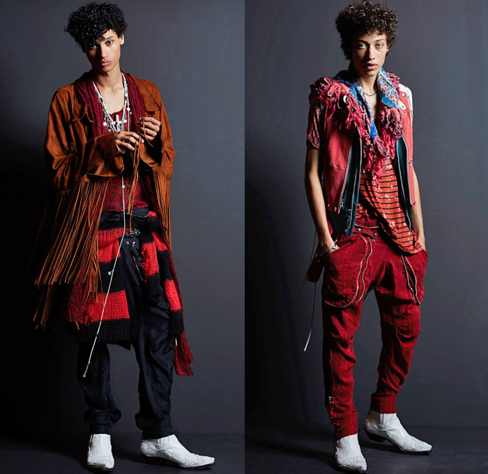 Faith Connexion 2017 Spring Summer Mens Lookbook Presentation - Mode à Paris Fashion Week Mode Masculine France - Destroyed Tattered Ripped Denim Jeans Rock n Roll Leopard Zebra Fringes Embroidery Bedazzled Metallic Studs Stars Zippered Pockets Frayed Raw Hem Vest Waistcoat Tapered Leather Tie Up Shirt Knitwear Sweater Union Jack Flag Now Future Cargo Pockets Camouflage Slouchy Plaid Acid Wash Cowboy Boots Androgyny