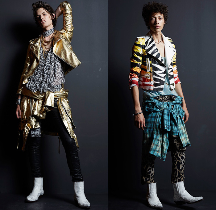 Faith Connexion 2017 Spring Summer Mens Lookbook Presentation - Mode à Paris Fashion Week Mode Masculine France - Destroyed Tattered Ripped Denim Jeans Rock n Roll Leopard Zebra Fringes Embroidery Bedazzled Metallic Studs Stars Zippered Pockets Frayed Raw Hem Vest Waistcoat Tapered Leather Tie Up Shirt Knitwear Sweater Union Jack Flag Now Future Cargo Pockets Camouflage Slouchy Plaid Acid Wash Cowboy Boots Androgyny